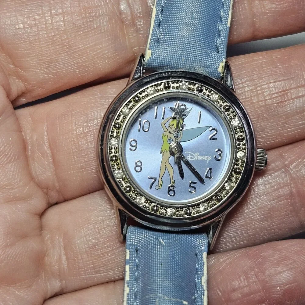 **Final Sale** Disney’s Tinkerbell Watch Silver Crystal Bezel Blue Needs Battery - Picture 1 of 14